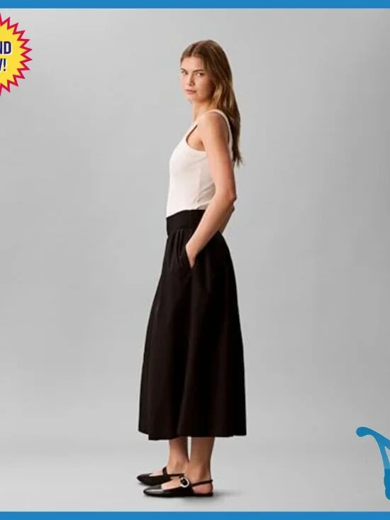 Cotton Poplin Smocked Waist Midi Skirt with Side Pockets - Picture 4 of 5